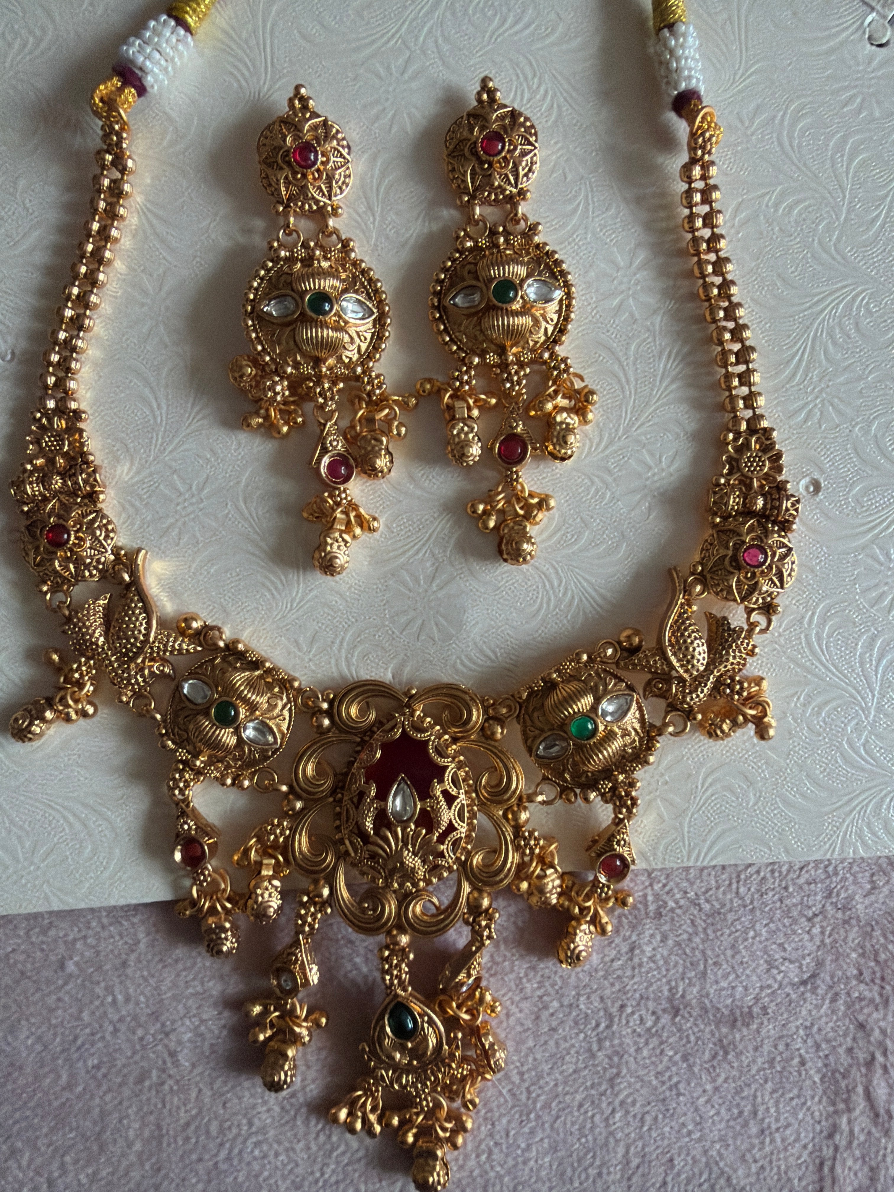 Antique Gold Peacock Meenakari Necklace Set with Statement Earrings