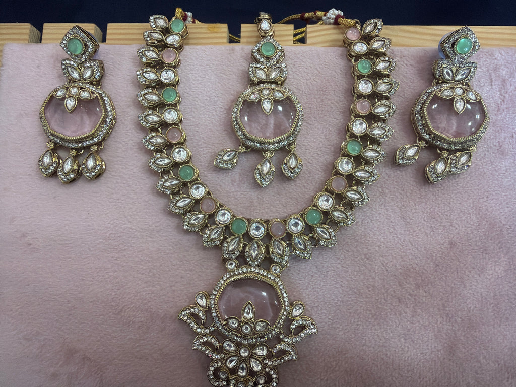 Green & Pink Stone Necklace Set – Gold-Tone Statement Necklace with Matching Earrings