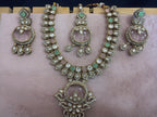 Green & Pink Stone Necklace Set – Gold-Tone Statement Necklace with Matching Earrings