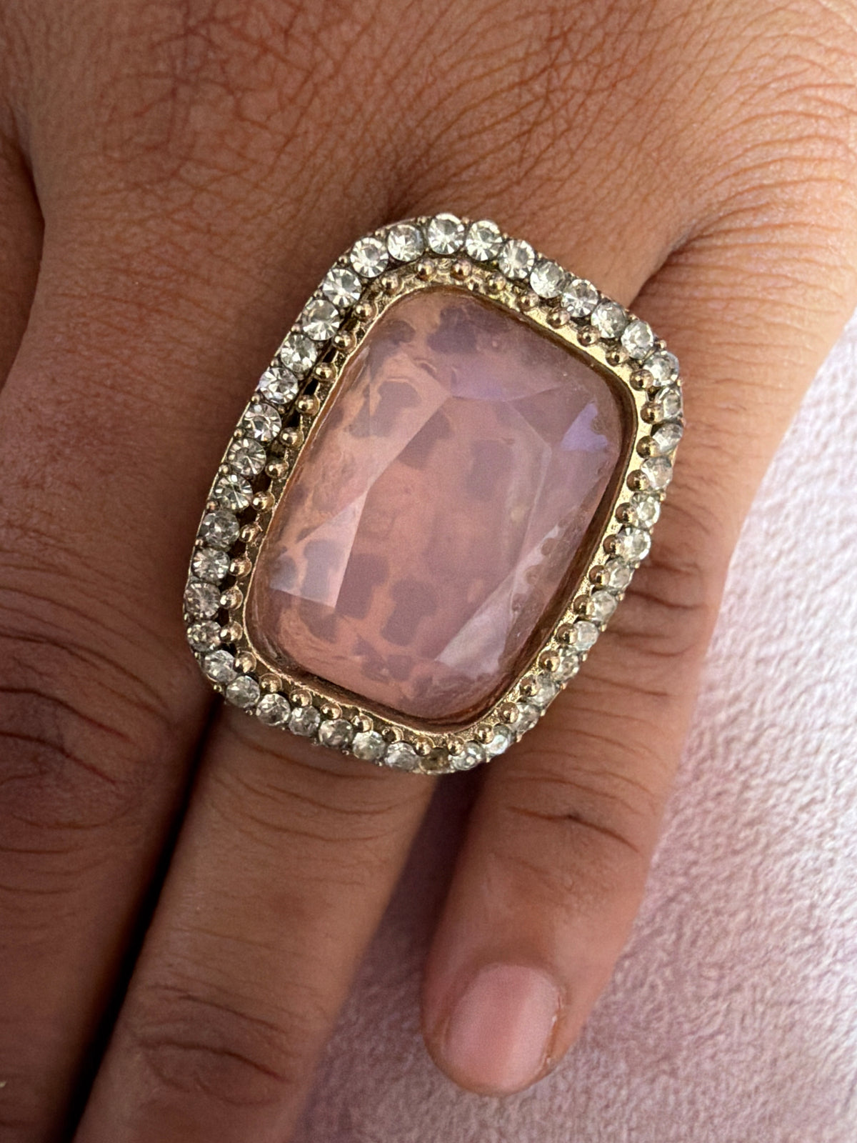 Blush Pink Statement Ring – Gold-Tone Crystal Halo Ring