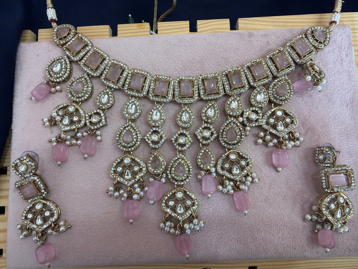 Gold-Tone Pink Stone Necklace Set with Matching Earrings