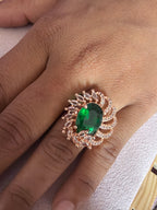 Emerald Green Statement Ring – Rose Gold-Tone Floral Crystal Ring