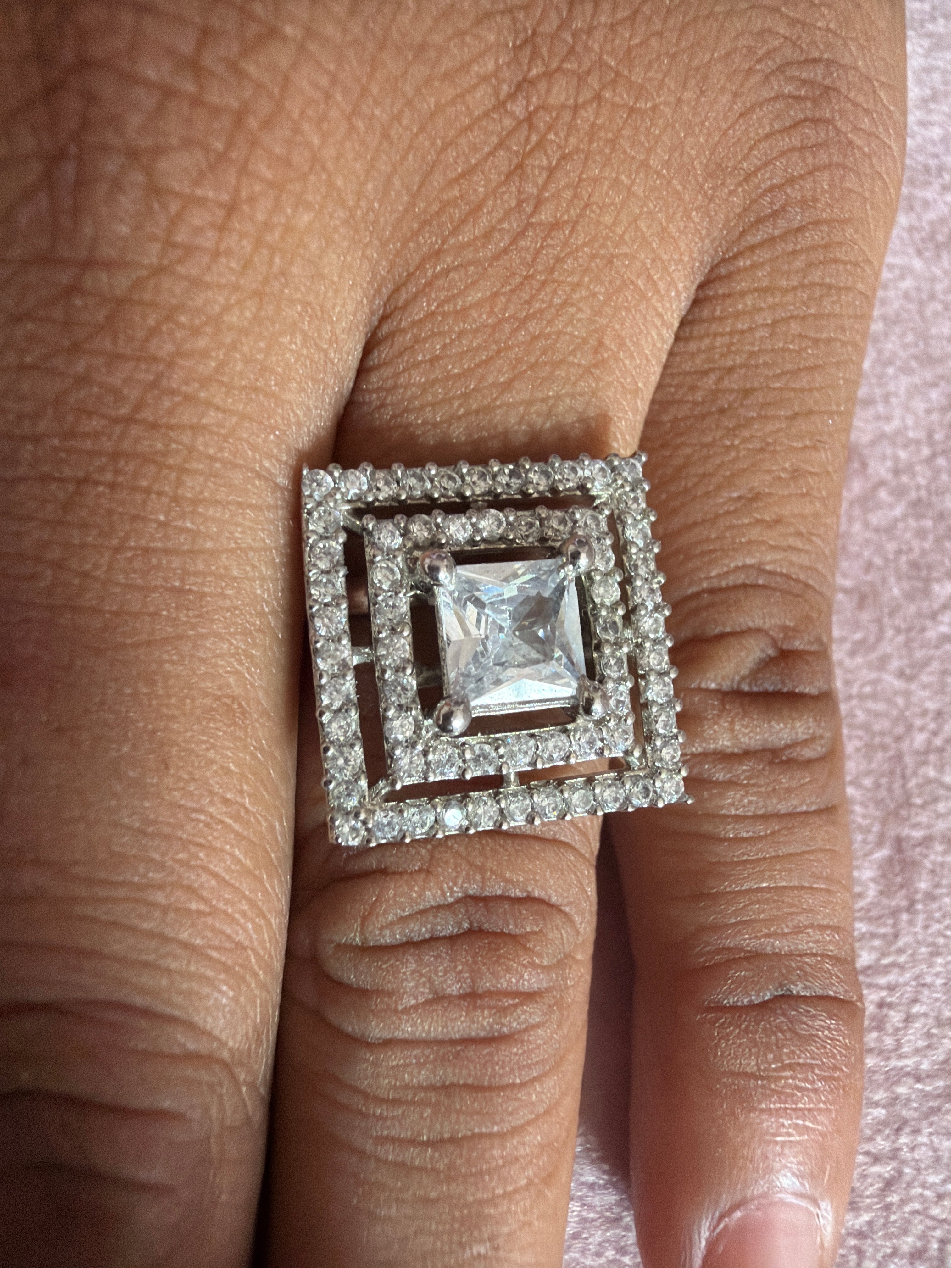 Crystal Square Statement Ring – Silver-Tone Geometric Halo Ring