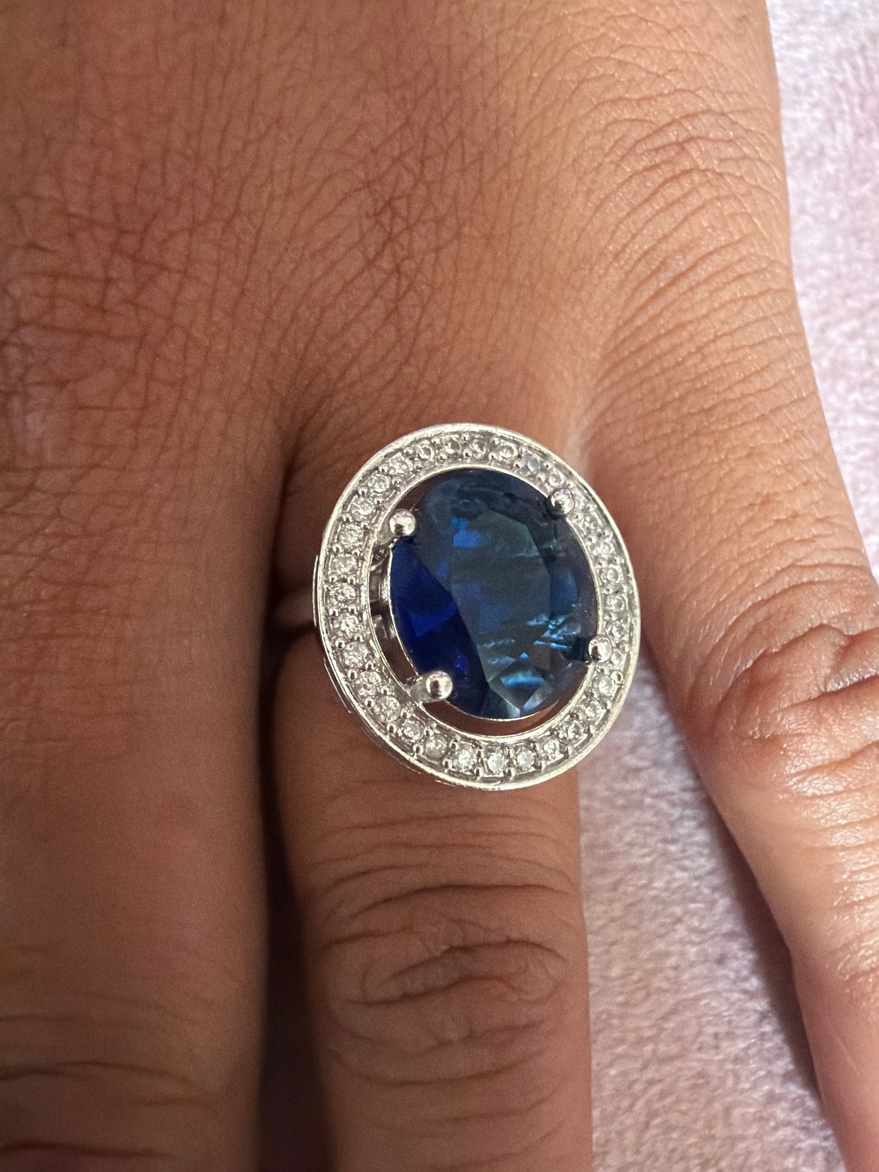 Blue Oval Stone Statement Ring – Silver-Tone Crystal Halo Ring