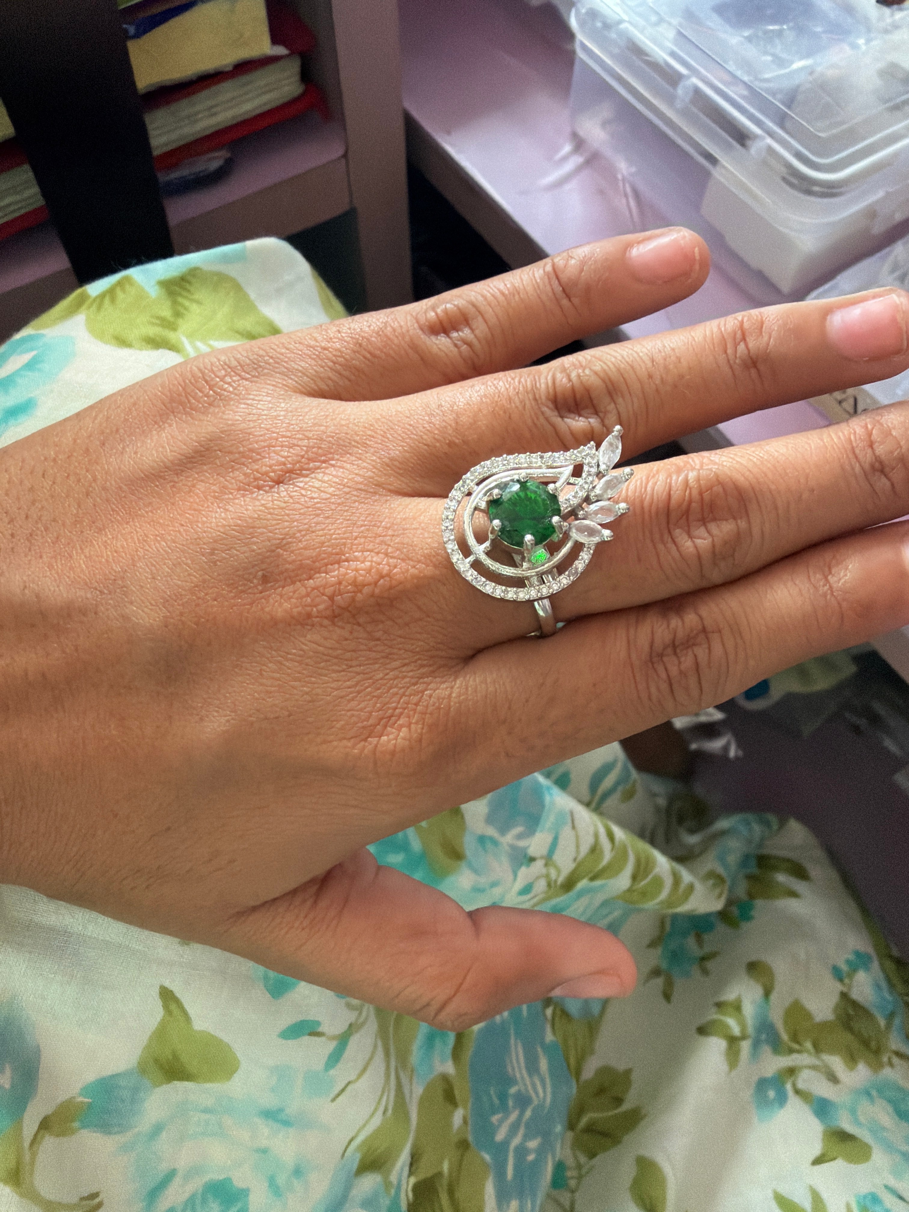 Elegant Green Stone Silver-Tone Statement Ring