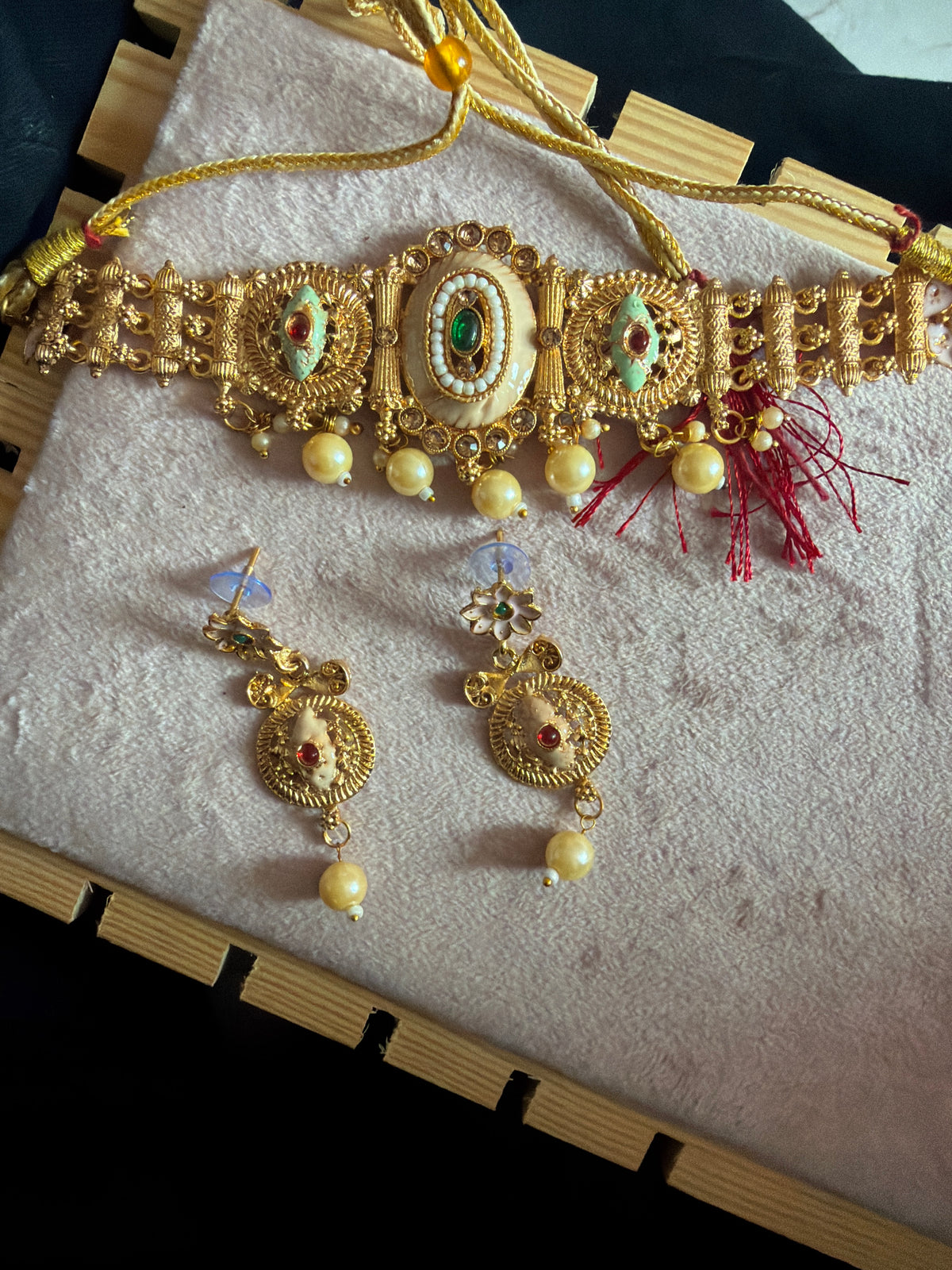 Traditional Gold-Tone Pearl & Stone Necklace Set