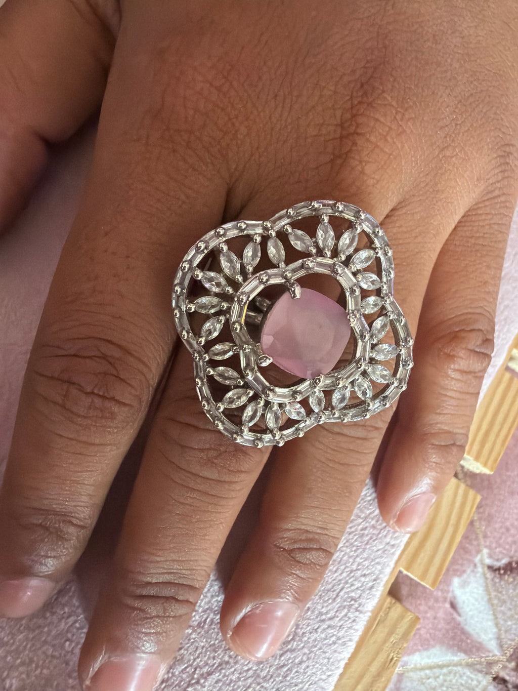 Rose Pink Floral Statement Ring – Silver-Tone Crystal Ring