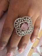 Rose Pink Floral Statement Ring – Silver-Tone Crystal Ring