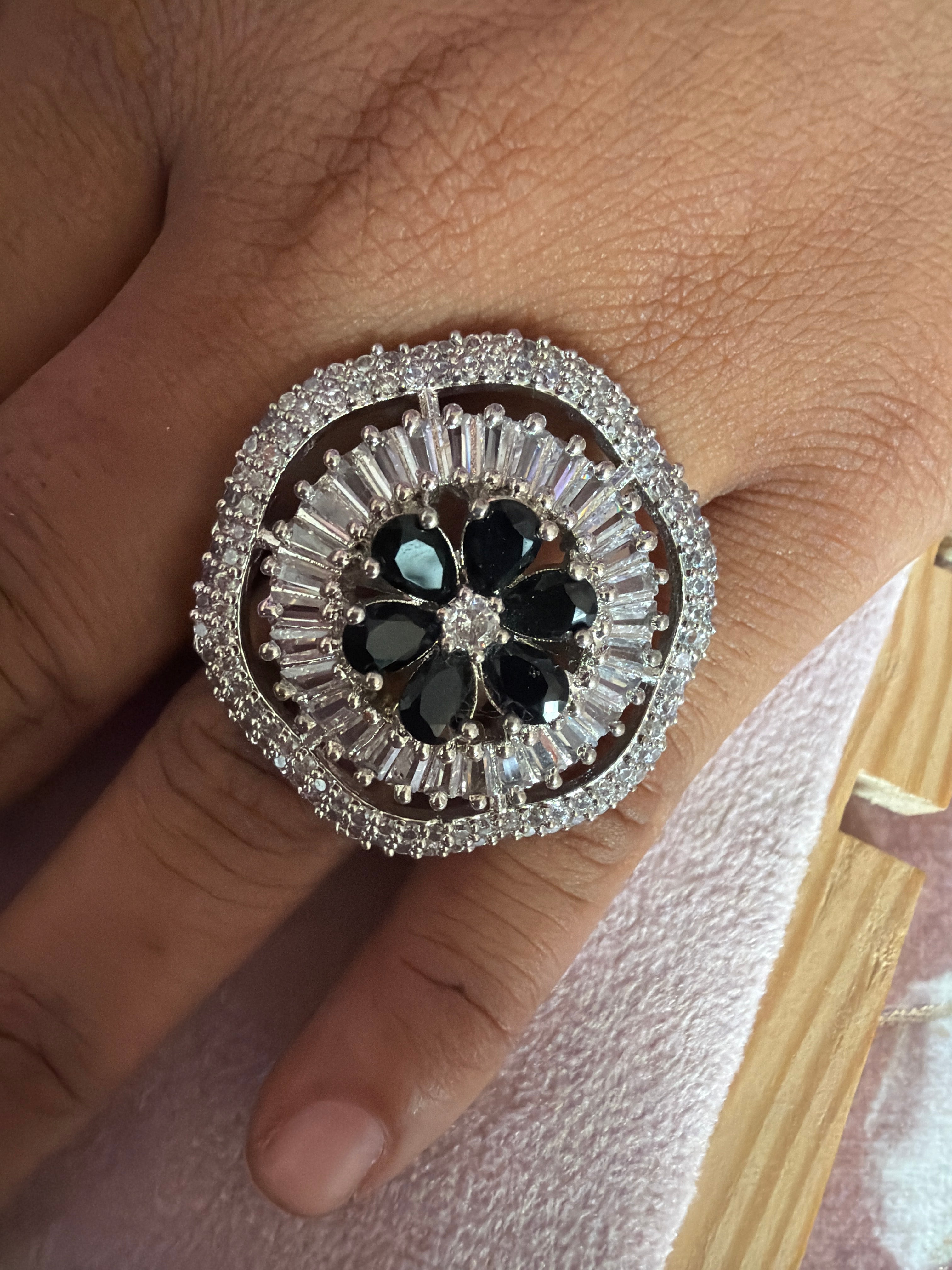Black Floral Statement Ring – Silver-Tone Crystal Halo Ring