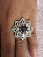 Black Floral Crystal Statement Ring