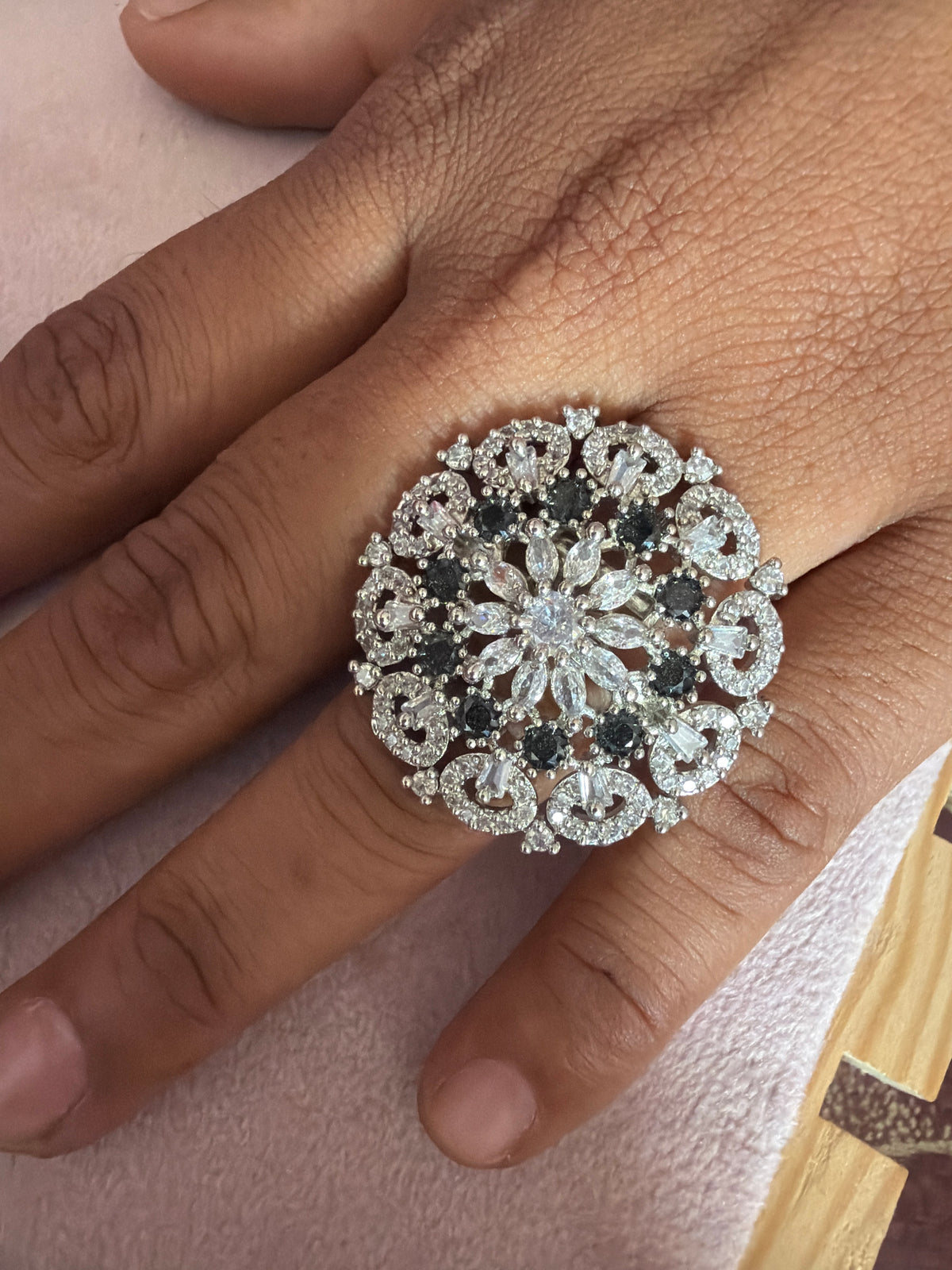 Black & Crystal Floral Statement Ring – Silver-Tone Designer Ring