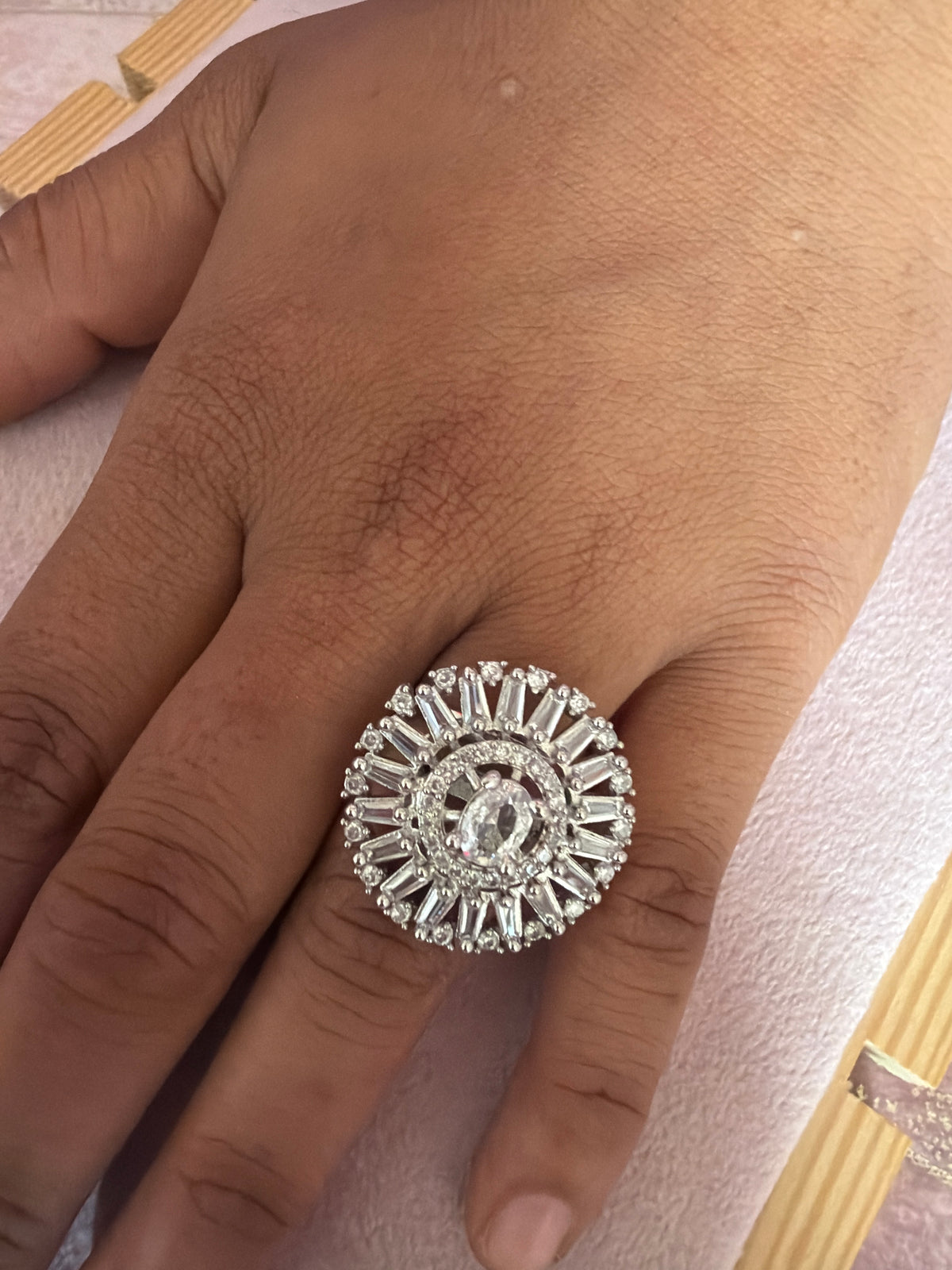 Silver Sunburst Oval Crystal Statement Ring