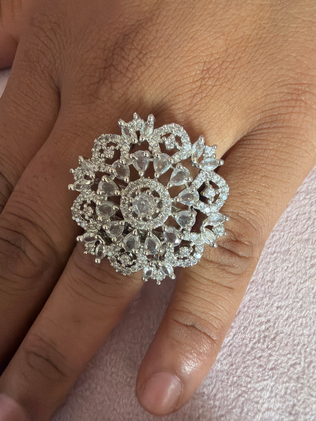 Silver Floral Crystal Statement Ring