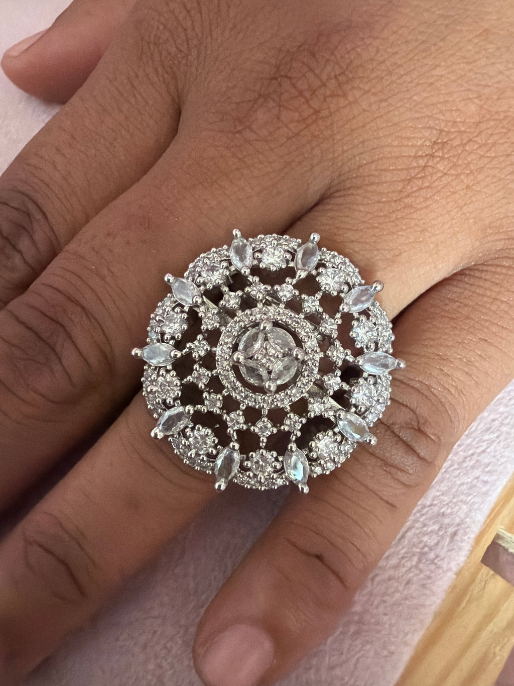 Elegant Crystal Floral Statement Ring – Silver Tone