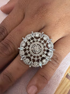 Elegant Crystal Floral Statement Ring – Silver Tone