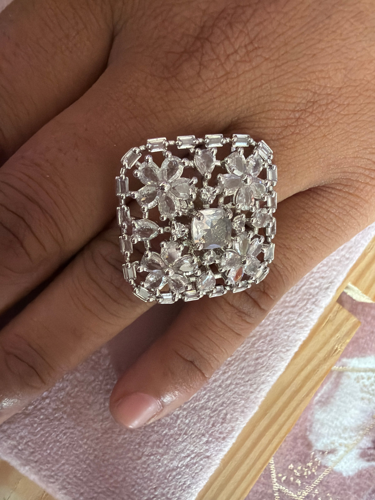 Crystal Floral Statement Ring – Silver-Tone Embellished Ring