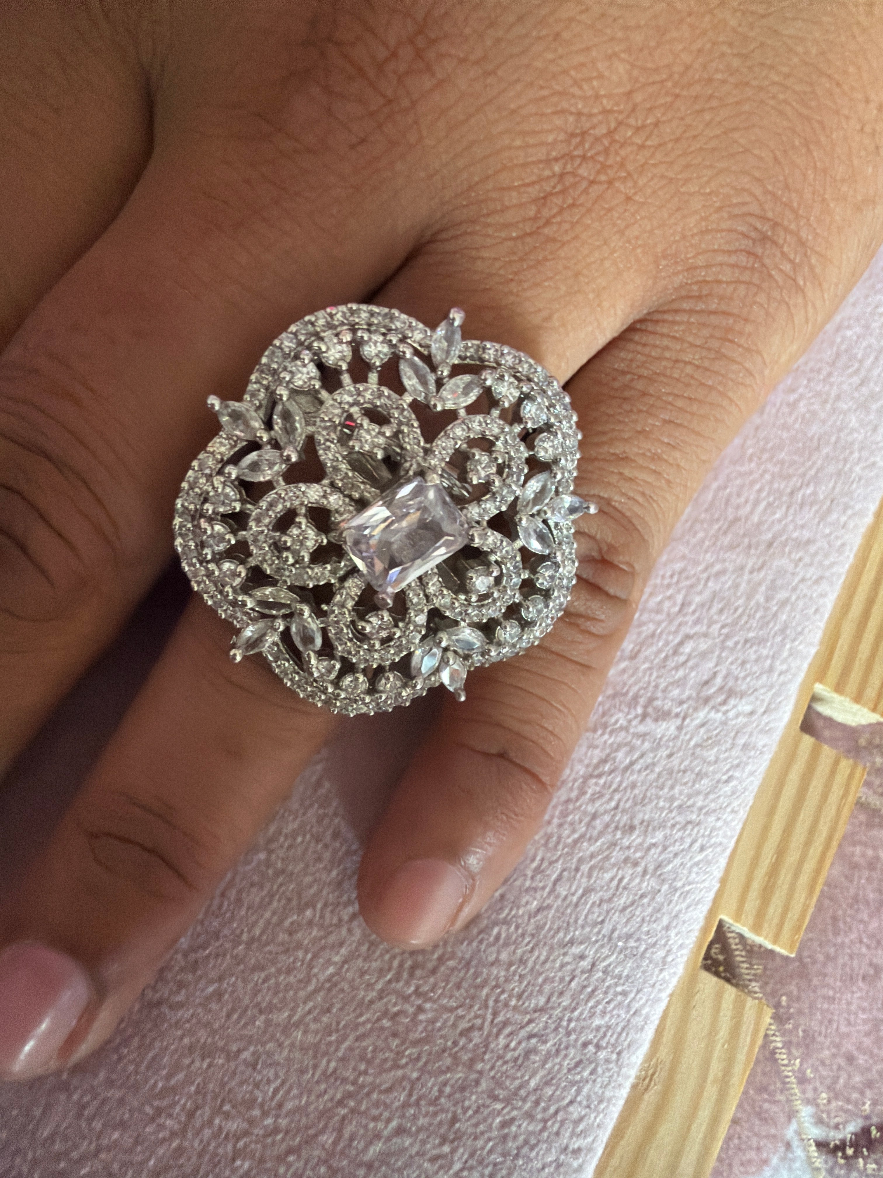 Crystal Floral Filigree Statement Ring – Silver-Tone Ring