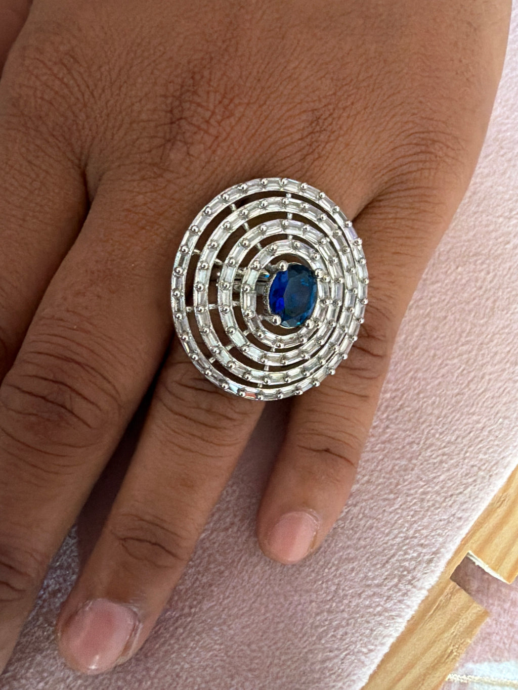 Blue Oval Concentric Crystal Statement Ring