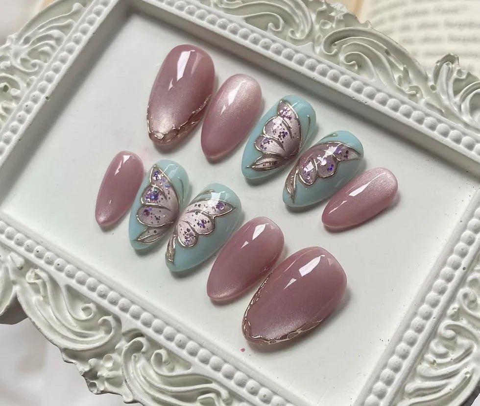 Butterfly 3D Press-On Nails – Pastel Pink & Mint Blue